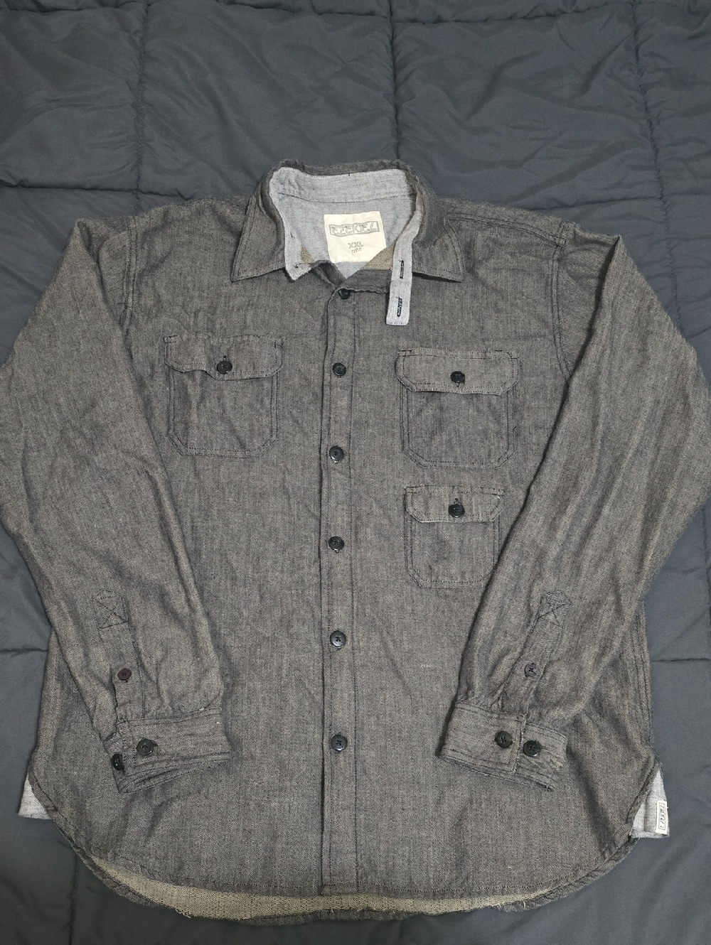 Ezekiel Mens Charcoal Gray Herringbone Long Sleeve Button Up Shirt XXL
